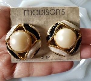 Vintage Madisons Clip On Earrings Black Enamel Pearlescent Accent Goldtone New